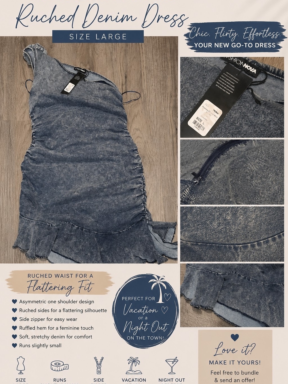 Fashion Nova One-Shoulder Ruched Denim Dress - Blue